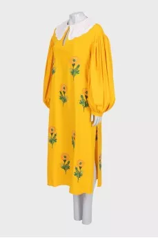 Yellow linen dress with floral embroidery