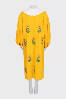 Yellow linen dress with floral embroidery