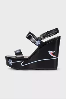 Black leather wedge sandals