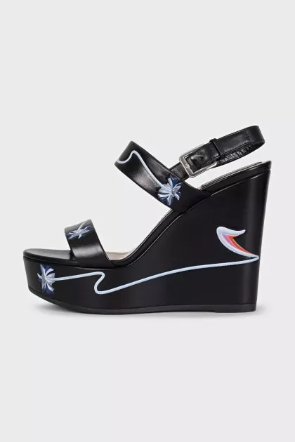 Black leather wedge sandals