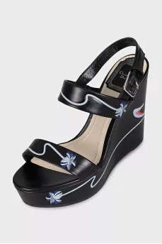 Black leather wedge sandals