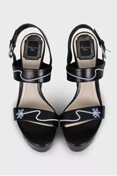 Black leather wedge sandals
