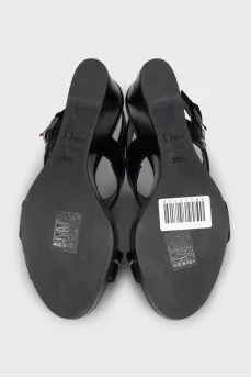 Black leather wedge sandals
