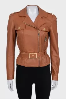 Brown leather jacket with gold hardware