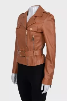 Brown leather jacket with gold hardware
