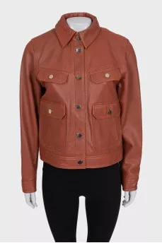 Brown leather jacket with gold buttons