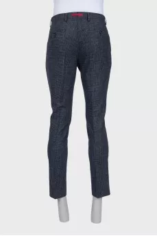 Men's blue trousers with a small check pattern