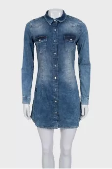 Blue denim dress with rhinestone logo