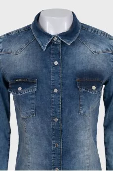Blue denim dress with rhinestone logo