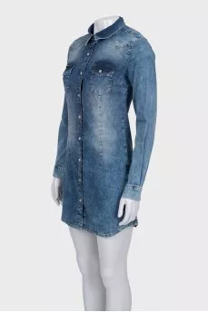 Blue denim dress with rhinestone logo