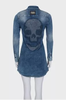 Blue denim dress with rhinestone logo