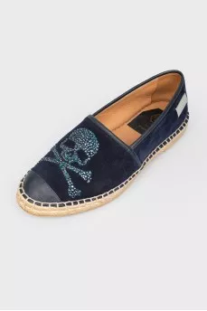 Blue suede espadrilles with rhinestones