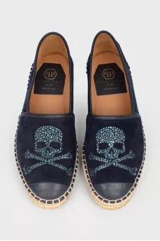 Blue suede espadrilles with rhinestones