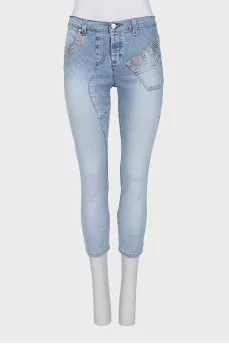 Голубые джинсы skinny fit декорированные стразами