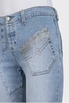 Голубые джинсы skinny fit декорированные стразами