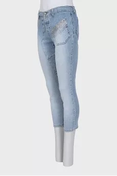 Голубые джинсы skinny fit декорированные стразами
