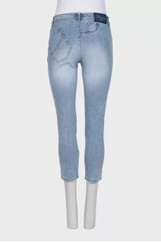 Голубые джинсы skinny fit декорированные стразами