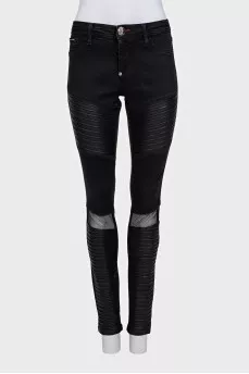 Черные джинсы skinny fit с кожаными вставками