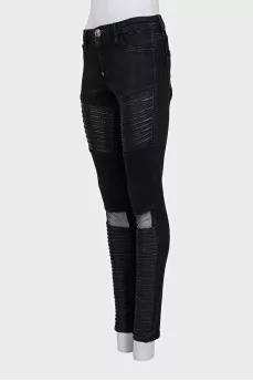 Черные джинсы skinny fit с кожаными вставками
