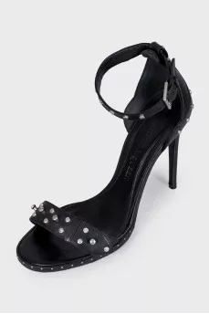 Leather heeled sandals with silver studs