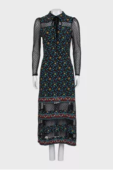 Straight dress with transparent printed inserts