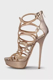 Gold leather high heel sandals