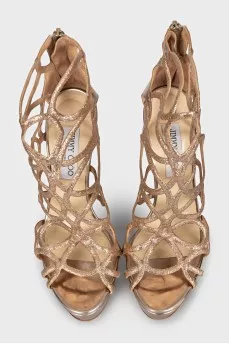 Gold leather high heel sandals