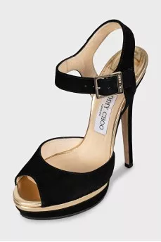 Black suede sandals with gold insert
