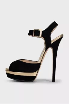 Black suede sandals with gold insert