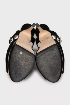 Black suede sandals with gold insert