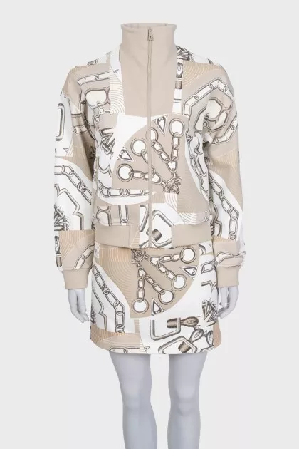 Printed suit consisting of a zip-up hoodie and a skirt