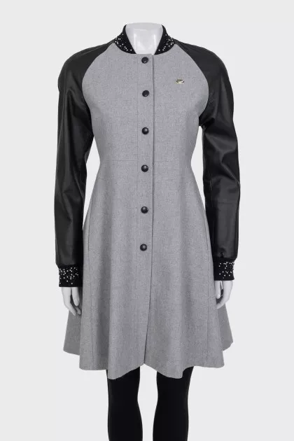Gray coat with leather sleeves