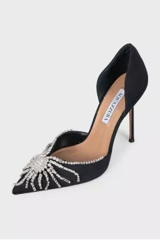 Black textile shoes with a decorated toe