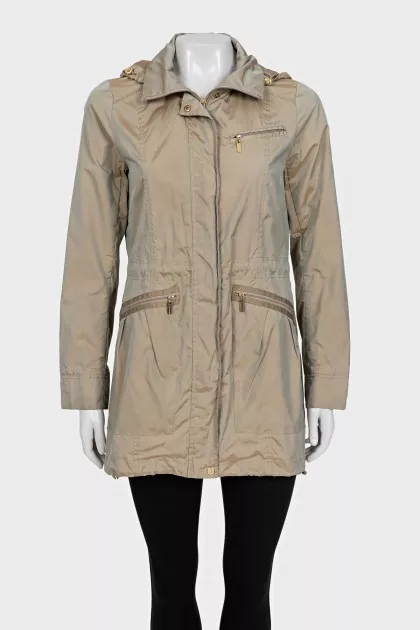 Long windbreaker with a removable hood