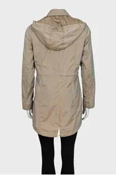 Long windbreaker with a removable hood