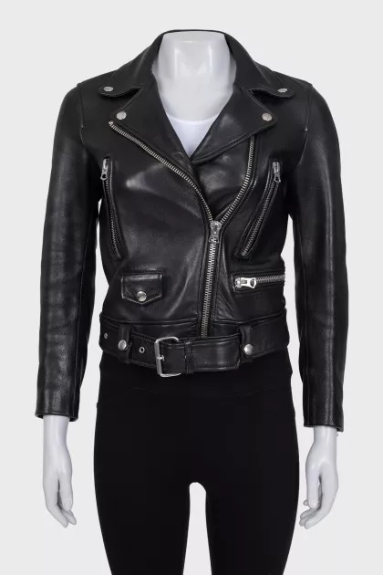 Cropped leather jacket with a diagonal zipper