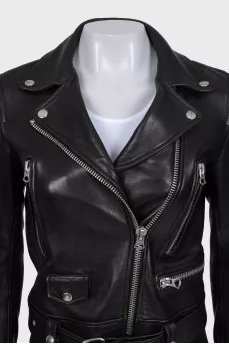 Cropped leather jacket with a diagonal zipper