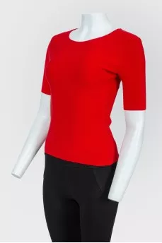 Red top with lacing on the back with a tag