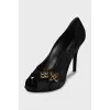 Fabric high heels decorated with crystals
