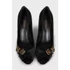 Fabric high heels decorated with crystals
