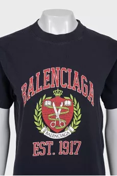Blue straight-cut T-shirt with a print
