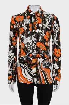 Black straight-cut blouse with a floral print