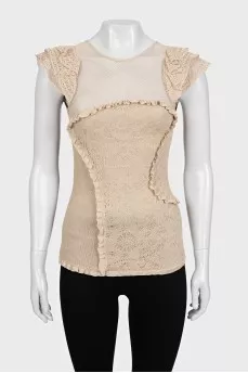 Beige T-shirt with lace sleeves
