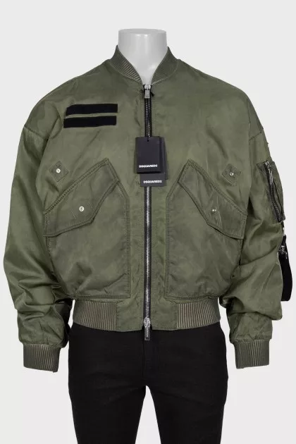 Men's green bomber jacket with tag