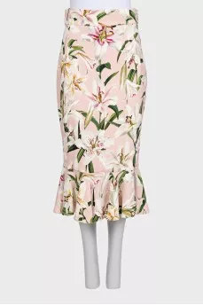 Floral print fitted skirt with ruffle trim