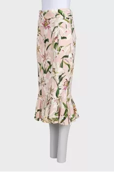Floral print fitted skirt with ruffle trim