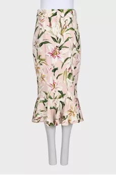 Floral print fitted skirt with ruffle trim