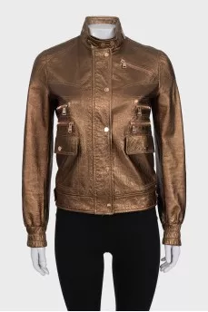Brown leather jacket with patch pockets