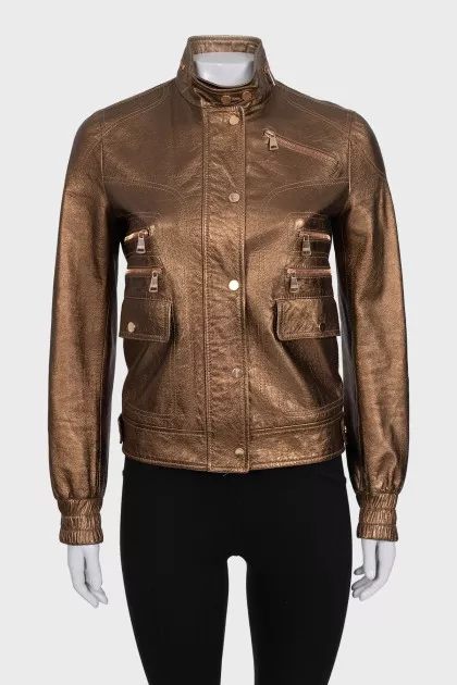 Brown leather jacket with patch pockets