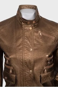 Brown leather jacket with patch pockets
